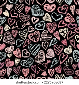 Chalk heart. Crayon hearts pattern. Valentines day  hearts on black background. Children drawing love symbol, doodle art heart. Chalk texture,  seamless valentine's day print. Freehand hearts print.