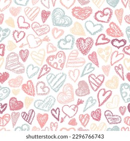Chalk heart. Crayon hearts pattern. Valentines day  hearts on black background. Children drawing love symbol, doodle art heart. Chalk texture,  seamless valentine's day print. Freehand hearts print.