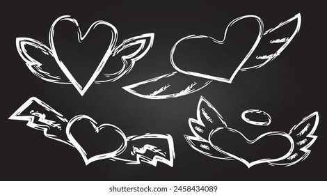 Chalk heart icon. Angel love with wing hand drawn illustration isolated on black grunge chalkboard background. Doodle crayon symbol for valentine day. Outline flying amor white sign shape for marriage