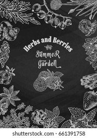 chalk herbs, berries summer garden, blackberry, dewberry, mulberry, raspberry, strawberry, blueberry, cloud berry, herbs, basil, chives, coriander,  oregano,  rosemary, on chalkboard background