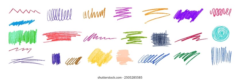 Chalk highlight, Hand drawn scribble stroke. Colorful charcoal doodle shapes, collage elements. Pencil drawings, vector isolated on white
