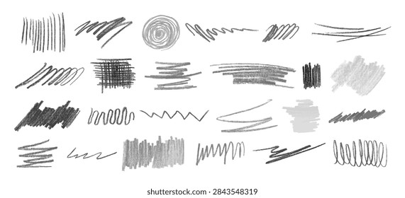 Chalk highlight, Hand drawn scribble stroke. Graphite gray charcoal doodle shapes, collage elements. Pencil drawings, vector isolated on white
