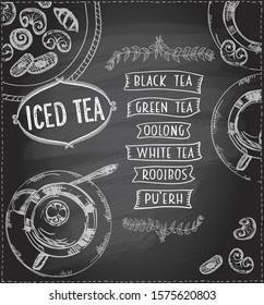 Chalk iced tea menu design concept on a chalkboad, art hand drawn vector illustration with tea cups and assorted pastry