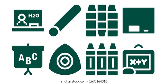conjunto de iconos de tiza. 8 iconos de tiza rellenos. Iconos de Blackboard, Chalk, Crayon, Crayons incluidos