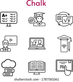 chalk icon set. included cloud library, professor, teacher, smartphone, ebook, test, homework, touchscreen icons. linear styles.