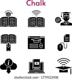 chalk icon set. included e-book, cap, student, learn, book, learning, information, login, click icons. filled styles.