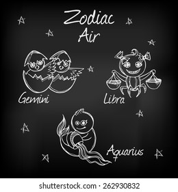 Chalk icons of zodiak, black background.