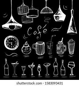 Chalk illustration of cafe elements: dishes, lams, drinks. Doodle set of hand drawn white icons isolated on black background. For restaurant, cafe interior design.