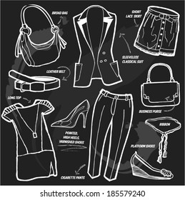 Chalk Illustration of modern tailored clothes with their names besides them. Vectors of bag, purse, pants, top, belt,suit,skirt and shoes. 