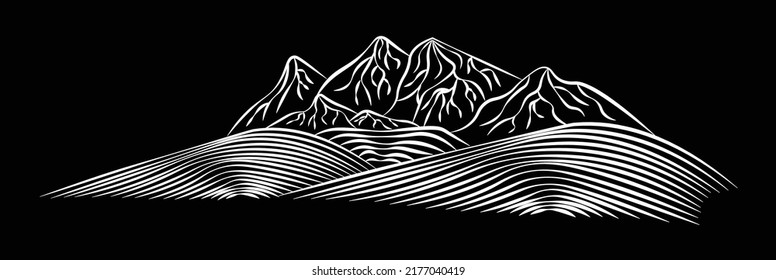 Chalk illustration of mountains, rocks vector isolated illustration on dark background. Concept for logo, print, cards, wine, sport