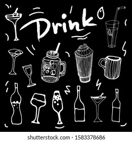 Chalk illustration.A drink ware, a lemonade,a glass of wine, a mug, a martini glass, a coffee. Doodle set of hand drawn white icons isolated on black background. For menu, restaurant. 