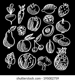 Chalk isolated vegetables and fruits doodle icons on black  background, vector vegetarian sketch set