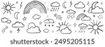 Chalk kid cloud weather symbols set. Vector stock illustration isolated on white background for design template travel blog, meteorology forecast. Kit textural crayon hand drawing symbols. EPS 10 