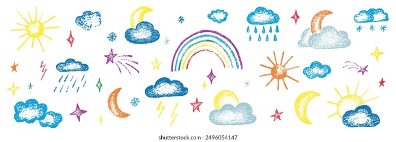 Chalk kid cloud weather symbols set. Vector stock illustration isolated on white background for design template travel blog, meteorology forecast. Kit textural crayon hand drawing symbols. EPS 10 