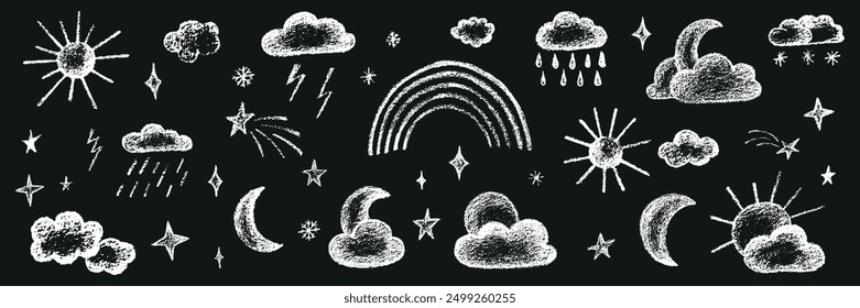 Chalk kid cloud weather symbols set. Vector stock illustration isolated on black background for design template travel blog, meteorology forecast. Kit textural crayon hand drawing symbols. EPS 10 