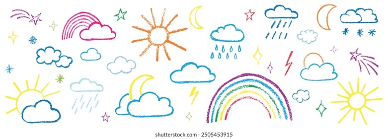 Conjunto de símbolos de Clima de nube de tiza. Ilustración de stock de Vector aislado sobre fondo blanco para el blog de viaje de Plantilla de diseño, pronóstico de meteorología. Kit textural crayón dibujando símbolos a mano. EPS 10 