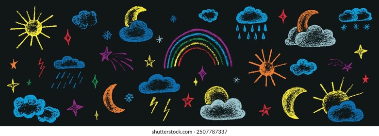 Conjunto de símbolos de Clima de nube de tiza. Ilustración de stock de Vector aislado sobre fondo negro para el blog de viaje de Plantilla de diseño, pronóstico de meteorología. Kit textural crayón dibujando símbolos a mano. EPS 10 