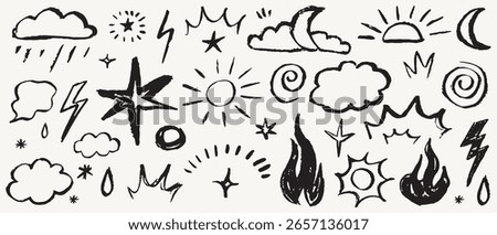 Chalk kid cloud weather symbols set. Vector illustrations of stars, clouds, moon, sun, and thunder isolated for travel blog, meteorology forecast in crayon, charcoal or chalk style. Weather scribble.