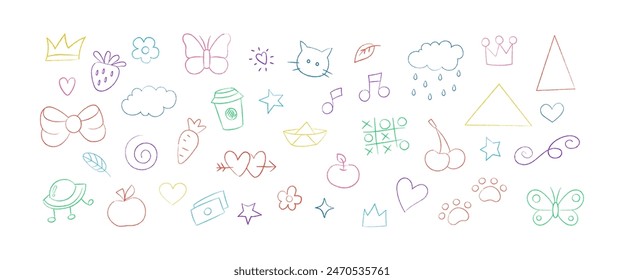 Chalk kid scribble drawing icons. Childish doodles, apple, crown, butterfly, cherry, heart, bow illustration on white background. Vector