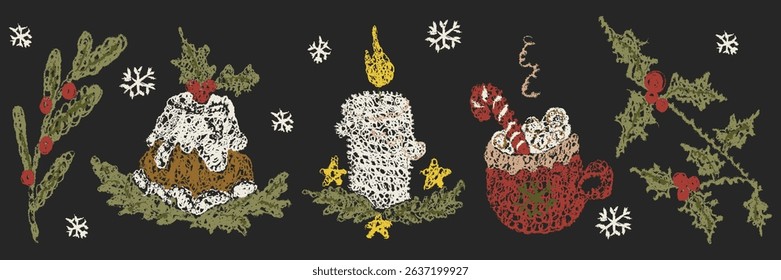 Chalk Kids Christmas Cake, Candle, Cup Hot Chocolate. Winter holiday freehand crayon hand drawn mistletoe, holly berry branch pencil textured set. Cartoon doodle sketchy scribble vector illustration.