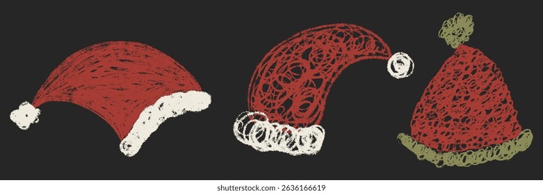 Coleção de Chapéus de Natal para Crianças de Giz. Conjunto de acessórios texturizados lápis de ano novo. Férias de inverno bonito mão livre crayon mão desenhado elementos. Desenho animado criança rabiscar esboço vetor de rabisco ilustração