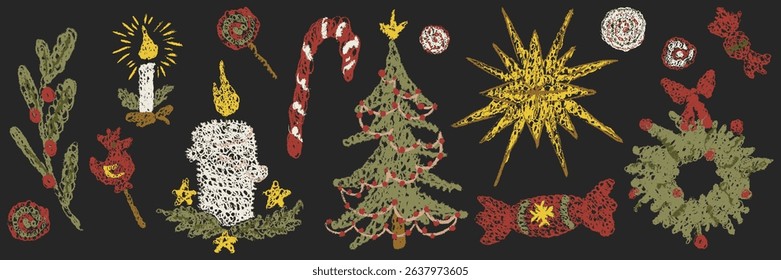 Chalk Kids Christmas Tree, Cake, Candle, Cup, Wreath, Star, Candy Cane. Winter holiday crayon hand drawn mistletoe, holly berry pencil textured set. Cartoon doodle sketchy scribble vector illustration