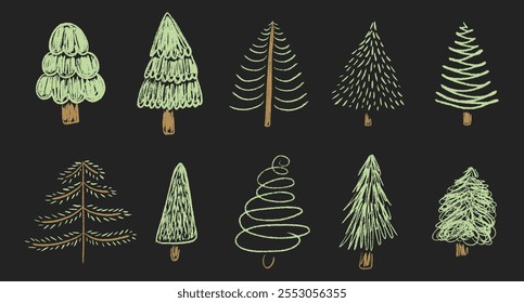 Coleção de árvores de Natal para crianças de giz. Conjunto de plantas texturizadas de lápis verde do ano novo. Pinho, abeto, Xmas spruce mão livre crayon mão desenhado elementos. Desenho animado criança doodle esboço vetor ilustração