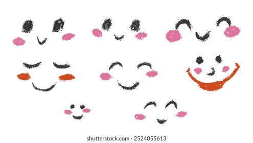 Conjunto de caras sonrientes kawaii dibujadas por niños de tiza. Estilo de anime japonés a mano alzada lápiz de lápiz sobre dibujo a mano emoji. Emoticonos de dibujos animados de dibujos animados de manga con textura linda. Ilustración vectorial aislada