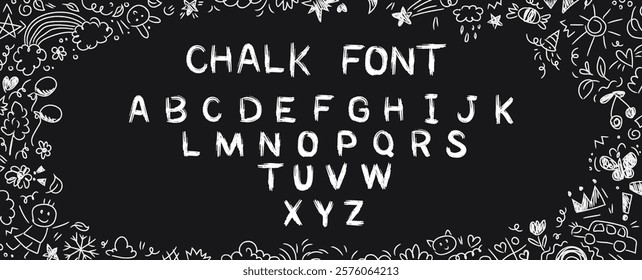 Chalk kids font, doodle funny playful alphabet, hand drawn letters. School chalk drawn abc for educational banners, school, kindergarten. Vector cartoon children illustration on blackboard