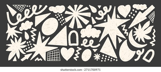 Giz crianças geométricas doodle elementos formas. Estrelas brincalhonas, flores, grade elementos abstratos do jardim de infância. Figuras adesivas retro funky, traçados de lápis branco e rabiscos infantis para design vetorial.