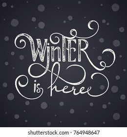 Chalk lettering blackboard. The text of winter is here.