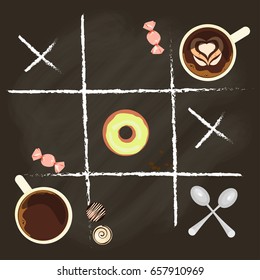 Chalk lettering and cup of Coffee on chalkboard top view. Template of banner or poster. Vector illustration eps 10
