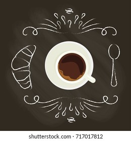 Chalk lettering and cup of Coffee on chalkboard top view. Template of banner or poster. Vector illustration eps 10