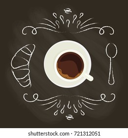 Chalk lettering and cup of Coffee on chalkboard top view. Template of banner or poster. Vector illustration eps 10