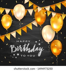 Chalk lettering Happy Birthday on blackboard background with golden balloons and confetti. The concept of holiday can be used for cards, greetings, posters and banners, illustration.