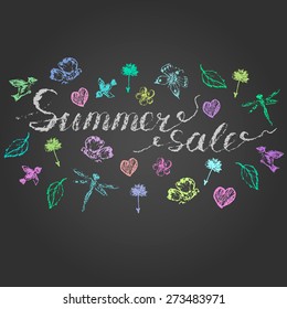 Chalk lettering on blackboard. Summer sale with decorative elements for advertising or promotion design.