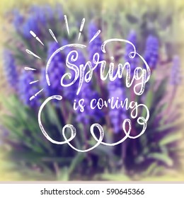 Chalk lettering spring is coming on blurred colored background.