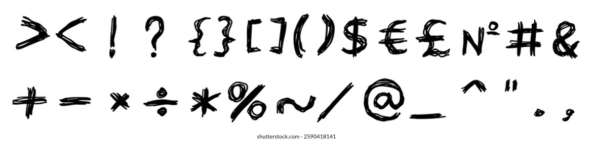 Chalk like black special mathematical and other symbols and signs font. Vector illustration in hand drawn style isolated on white background. For learning, card, logo, sales, decorating, typography.