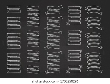 Chalk line ribbon banner vector set illustration. Vintage design white chalk style ribbon labels and curved scroll flags or sticker banners with blank space for modern elegant decoration