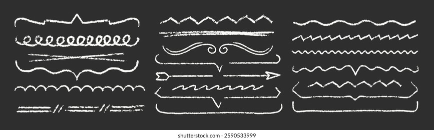 Chalk Line Stroke Blackboard Vector Set. Crayon Scribble Underline Shapes Collection. Color Hand Drawn Brush Texture Highlight Squiggle. Pencil Emphasis Elements Charcoal Doodle Dividers Bundle
