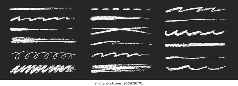 Chalk line underline brush set. Hand drawn crayon and pencil stroke with chalk texture and grunge mark for kid chalkboard design. Doodle border crayon underline in sketch style. Vector illustration