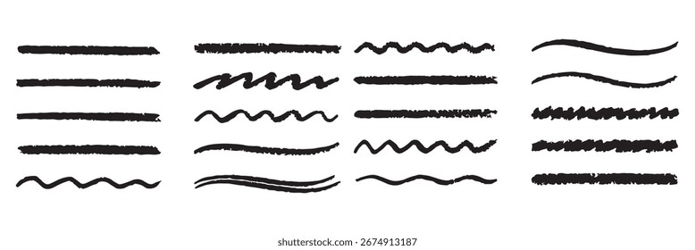 Conjunto de pincéis de sublinhado de linha de giz. Crayon desenhado à mão e traço de lápis com textura de giz e grunge mark para design de quadro-negro infantil. Sublinhado de giz de cera de borda Doodle em estilo de esboço. Ilustração vetorial