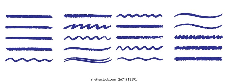 Chalk line underline brush set. Hand drawn crayon and pencil stroke with chalk texture and grunge mark for kid chalkboard design. Doodle border crayon underline in sketch style. Vector illustration