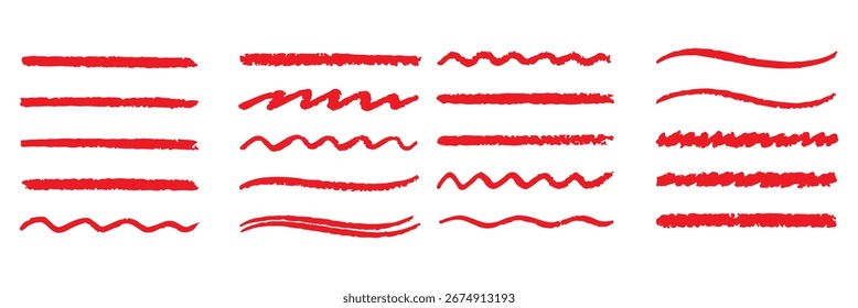 Chalk line underline brush set. Hand drawn crayon and pencil stroke with chalk texture and grunge mark for kid chalkboard design. Doodle border crayon underline in sketch style. Vector illustration