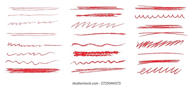 Juego de pinceles de subrayado de línea de tiza. Dibujado a mano crayón y lápiz de trazo con textura de tiza y marca grunge para el diseño de pizarra de niño. Subrayado de crayón de borde de Doodle en estilo de boceto. Ilustración vectorial