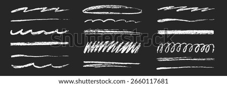 Chalk line underline brush set. Hand drawn crayon and pencil stroke with chalk texture and grunge mark for kid chalkboard design. Doodle border crayon underline in sketch style. Vector illustration
