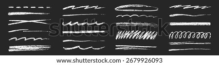 Chalk line underline brush set. Hand drawn crayon and pencil stroke with chalk texture and grunge mark for kid chalkboard design. Doodle border crayon underline in sketch style. Vector illustration