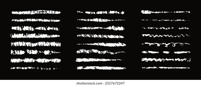 Chalk lines, brush strokes, crayon pencil underlines. Sketch Charcoal straight horizontal lines. Scribble white vector strokes. Grunge smears, thin and thick dividers.