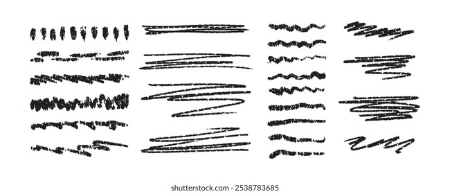 Chalk lines, brush strokes, crayon pencil underlines. Sketch Charcoal straight horizontal lines set. Scribble black strokes. Grunge vector smears, thin and thick dividers.