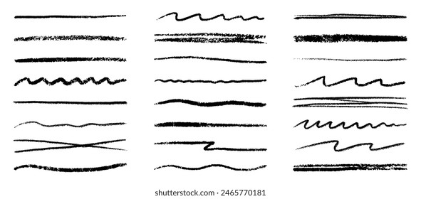 Chalk lines, charcoal highlight strokes doodle set. Pencil underlines, kids crayon strips, brush line in sketch style. Grunge texture. Hand drawn vector illustration isolated on white background